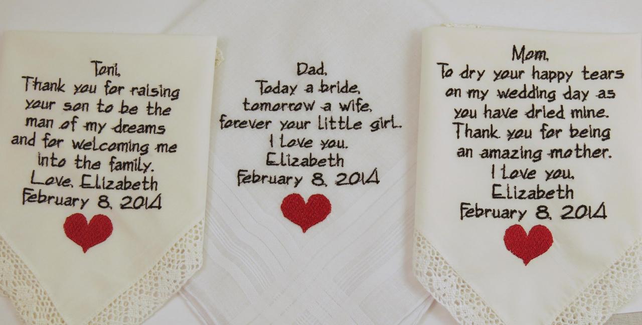 Mother Father Embroidered Wedding Hankerchiefs Gift Poem Heart Gift Mother In Law Marriage 3 Pack